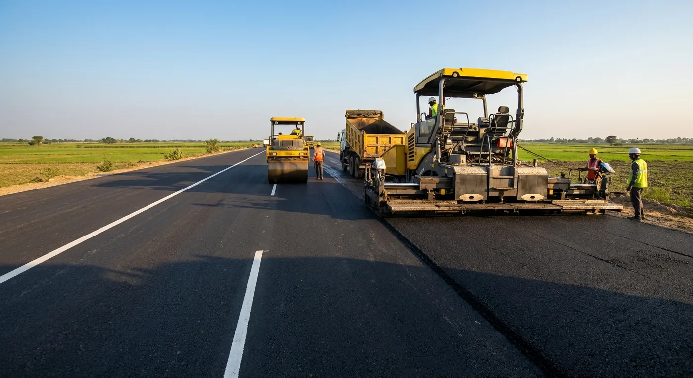 Paver and roller laying fresh asphalt on a highway stretch