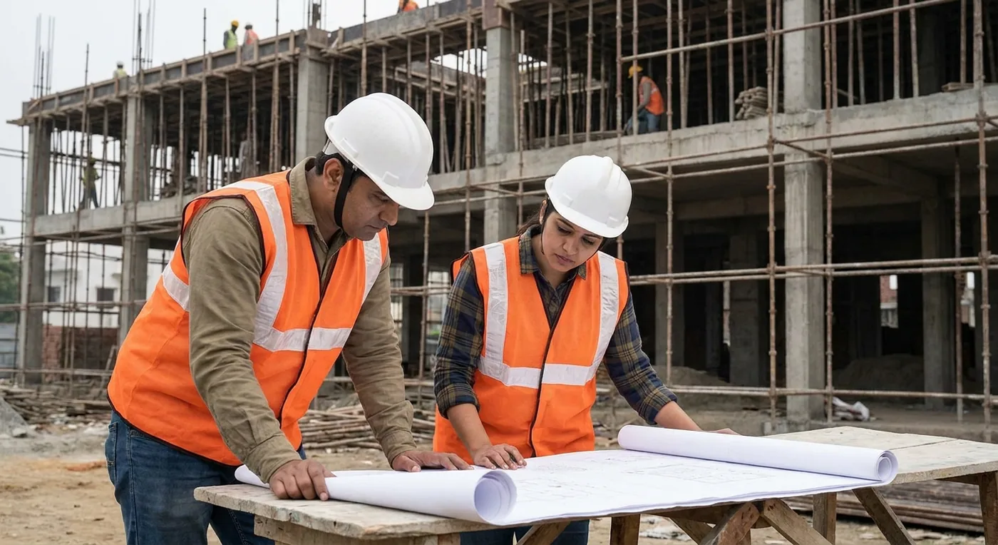Two site engineers in high-visibility jackets reviewing construction drawings